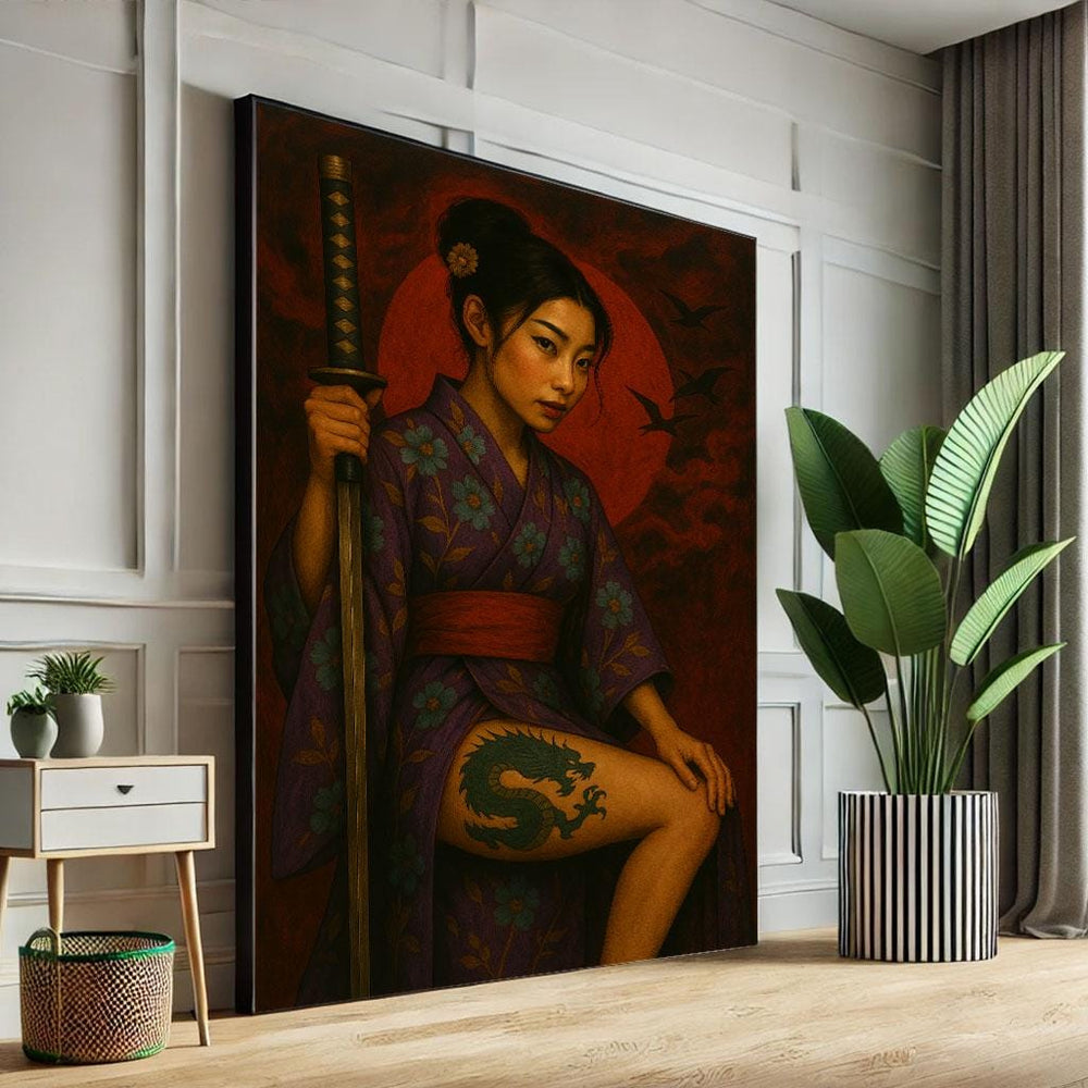 Japanese Samurai Woman Canvas Wall Art Print  Bold Cultural Living Room Decor  Statement Piece