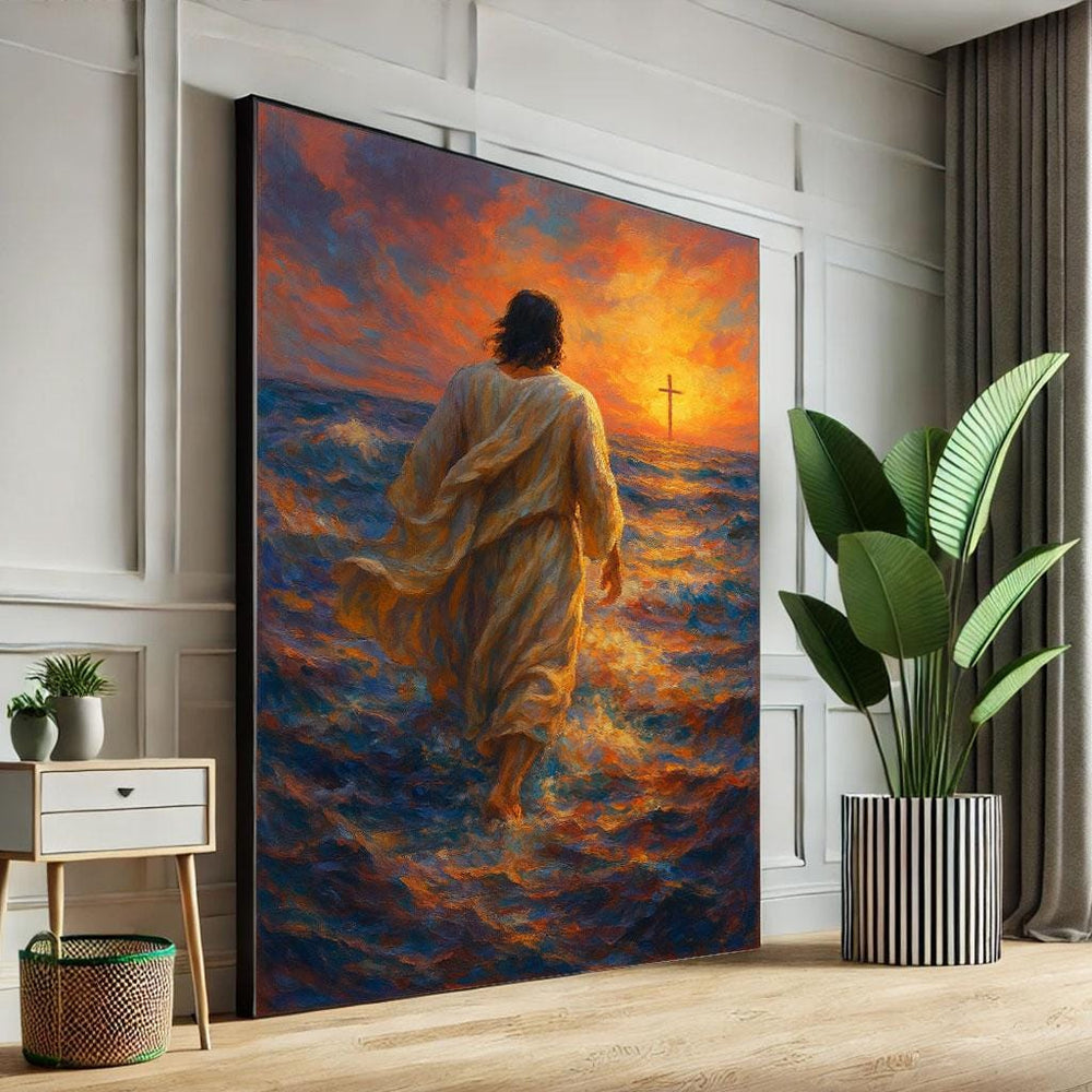 Radiant Jesus Walking on Water Canvas Print, Inspirational Art