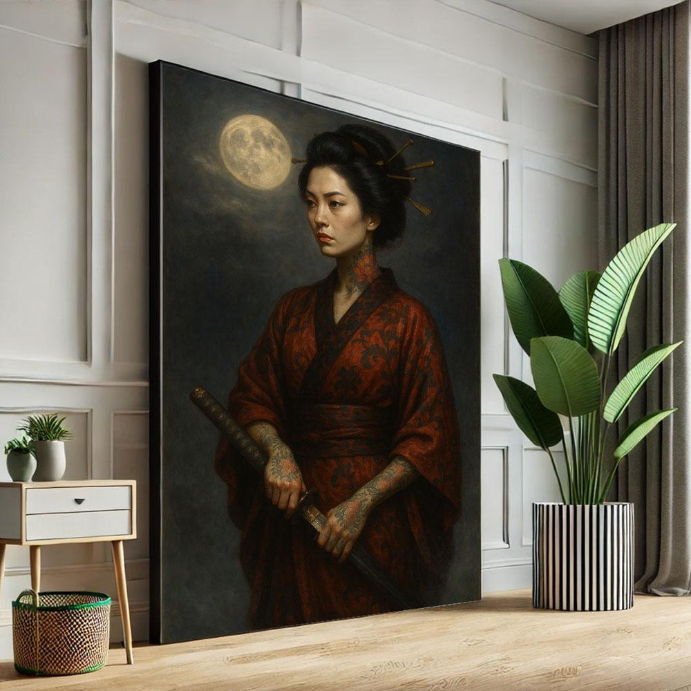 Elegant Geisha Under Moonlight Canvas Wall Art Print  Oriental Living Room Decor  Statement Piece