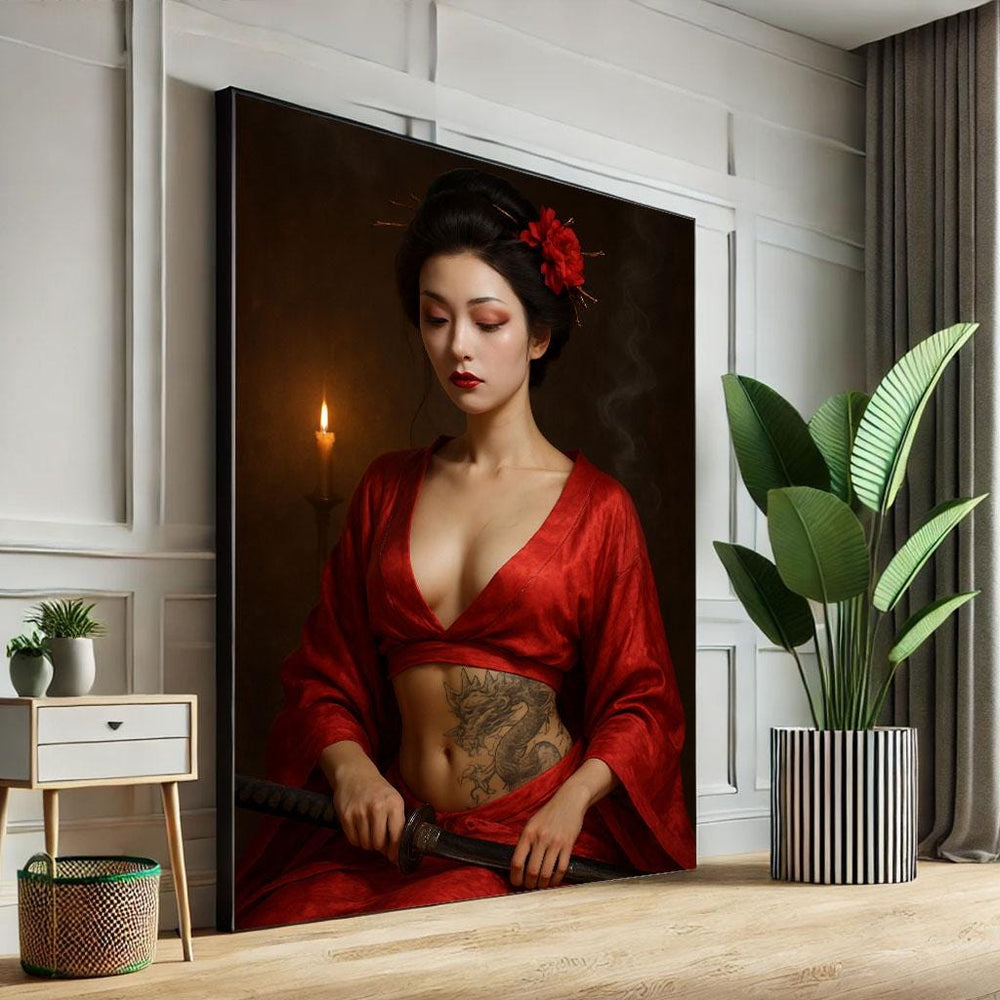 Japanese Woman with Sword Canvas Art Print, Zen Decor
