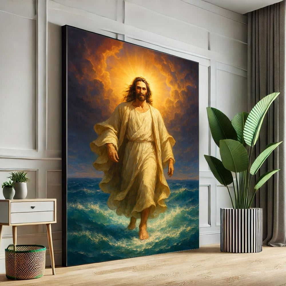 Jesus Walking on Water Canvas Art Print, Spiritual Decor
