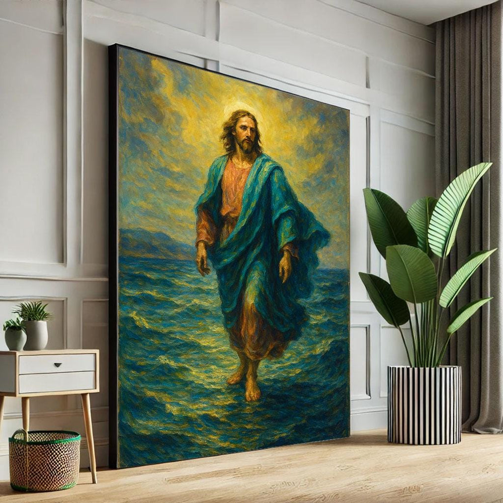 Jesus Walking on Water Canvas Print, Radiant Spiritual Decor