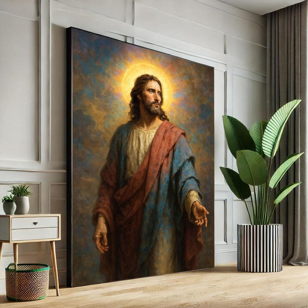 Radiant Jesus with Halo Canvas Wall Art Print  Inspirational Living Room Decor  Statement Piece