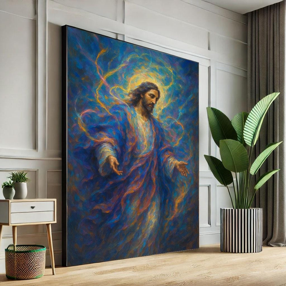 Heavenly Jesus Canvas Print, Blue & Gold Spiritual Decor