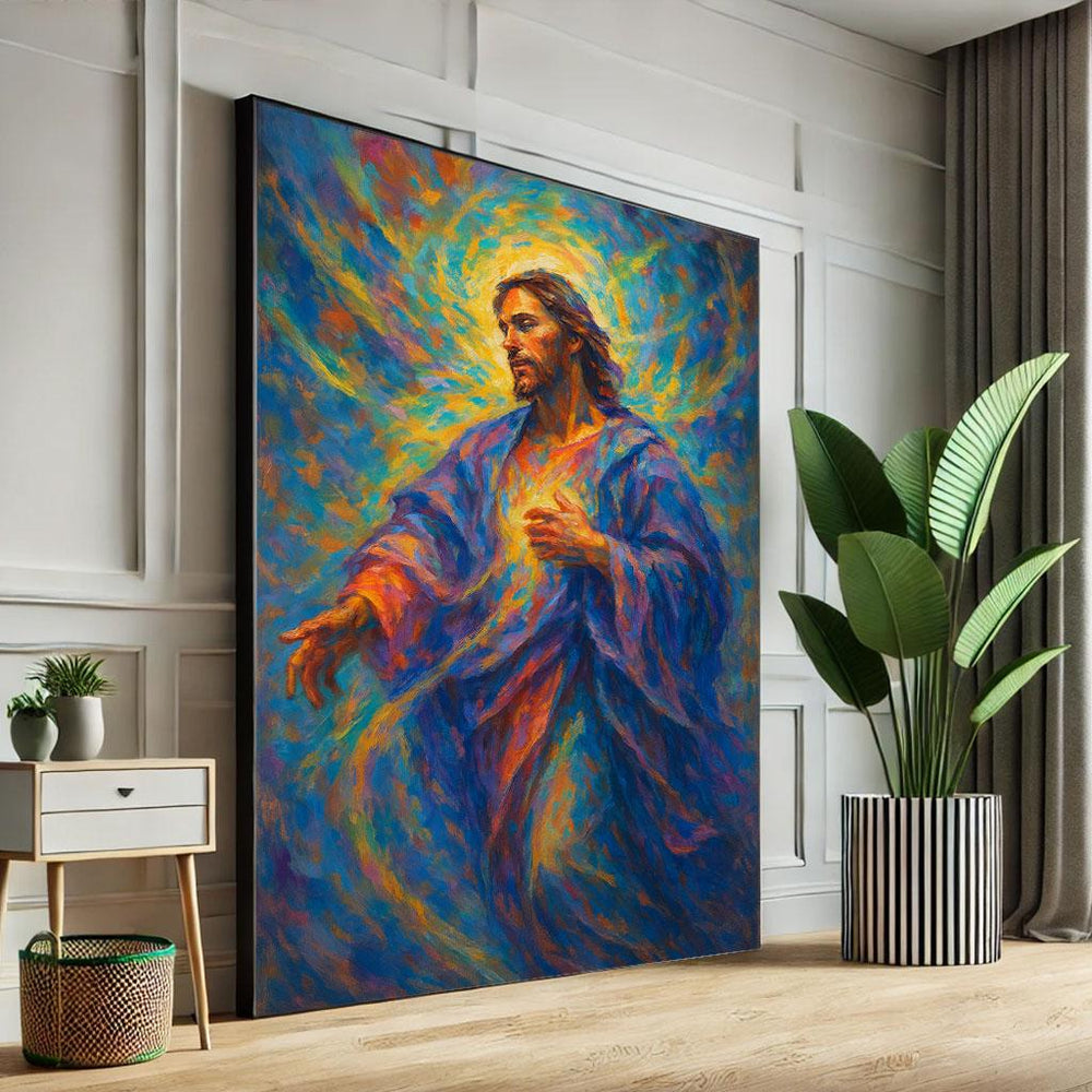 Radiant Jesus Reaching Out Canvas Wall Art Print  Spiritual Living Room Decor  Statement Piece