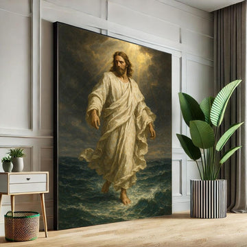 Image 1 of Radiant Jesus Walking on Water Canvas Wall Art Print | Spiritual Living Room Decor | Statement Piece