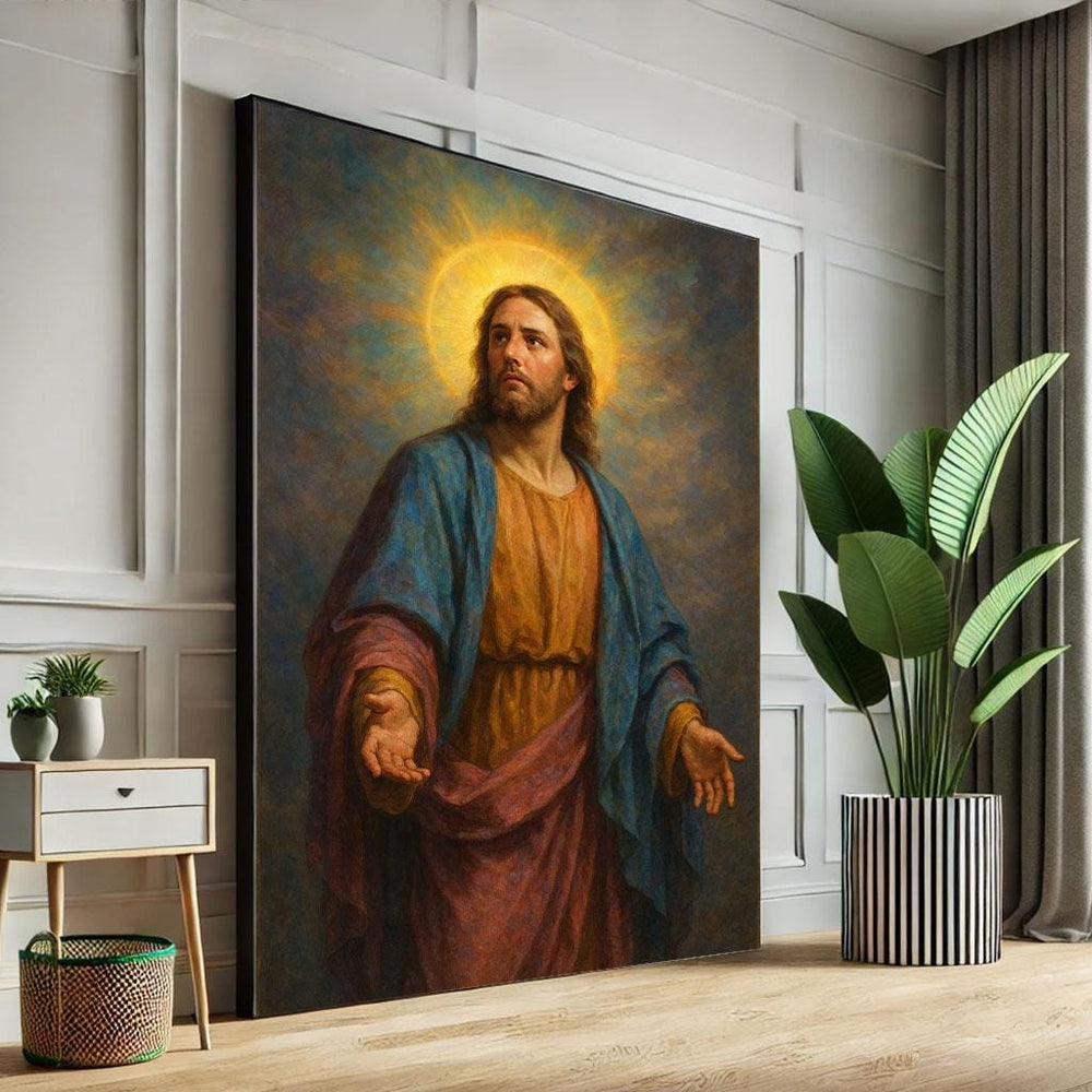 Radiant Jesus with Halo Canvas Wall Art Print  Spiritual Living Room Decor  Statement Piece