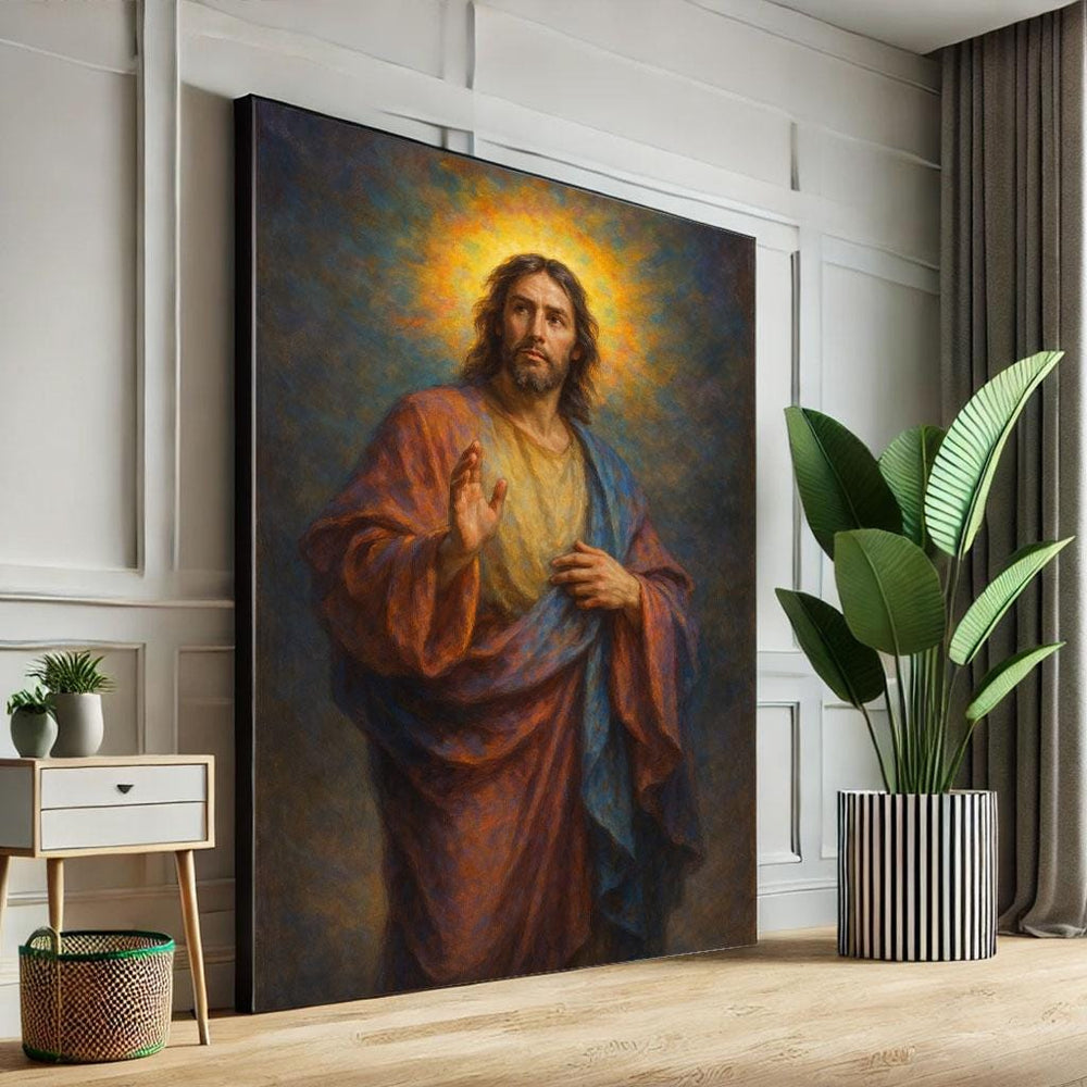 Radiant Jesus with Halo Canvas Wall Art Print  Spiritual Living Room Decor  Statement Piece