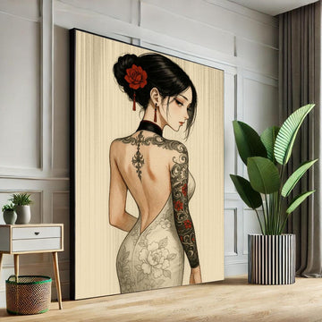 Image 1 of Elegant Asian Woman Tattoo Canvas Wall Art Print | Modern Bedroom Decor | Statement Piece
