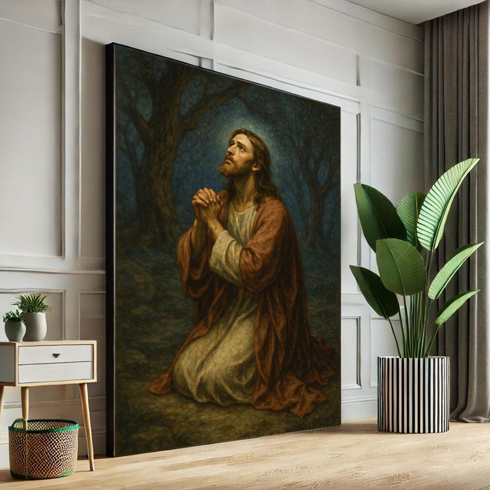 Radiant Jesus Praying Canvas Wall Art Print  Spiritual Living Room Decor  Statement Piece