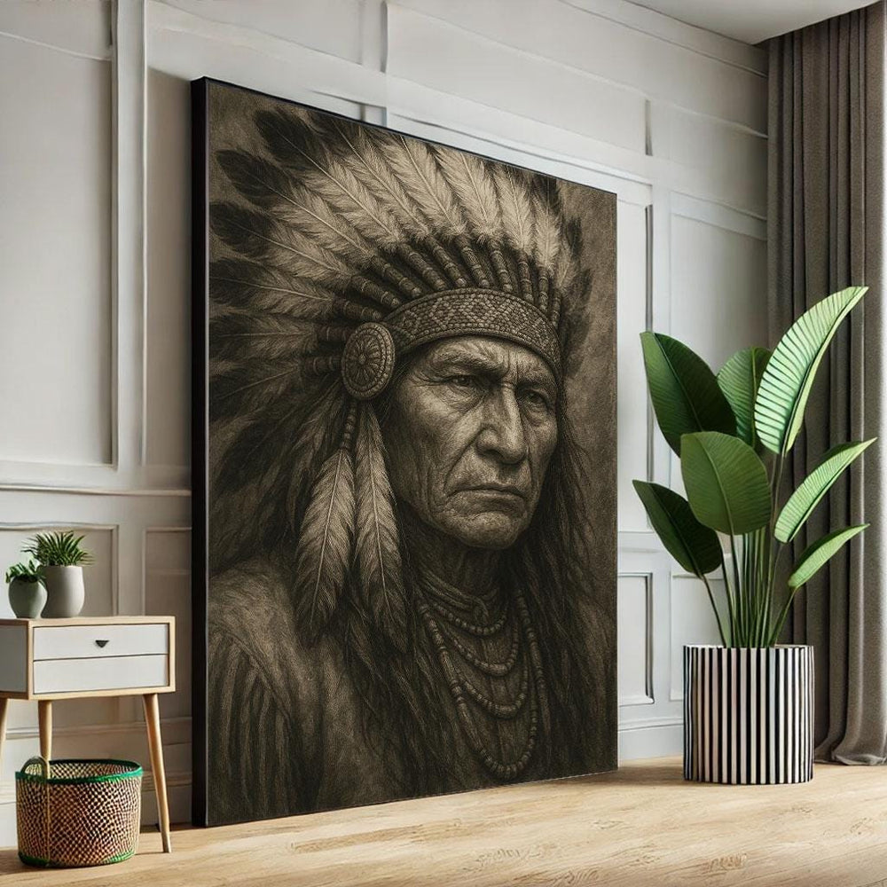 Majestic Native American Chief Canvas Wall Art Print  Sepia Living Room Decor  Statement Piece