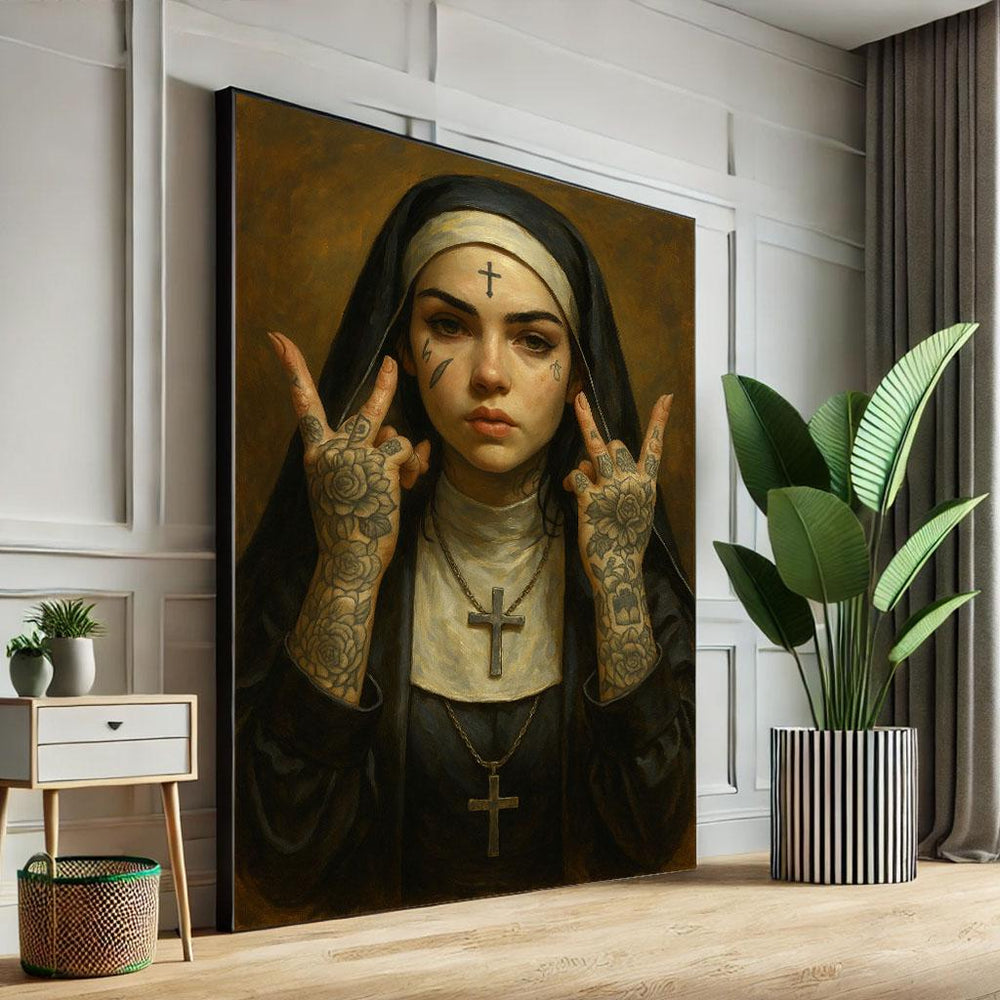 Edgy Tattooed Nun Portrait Canvas Wall Art Print  Gothic Living Room Decor  Statement Piece