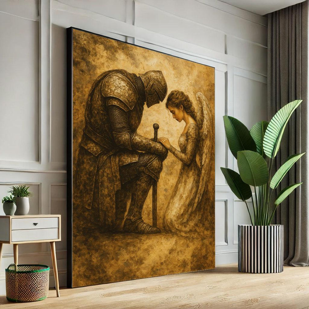 Knight and Angel Canvas Print - Sepia Vintage Wall Art