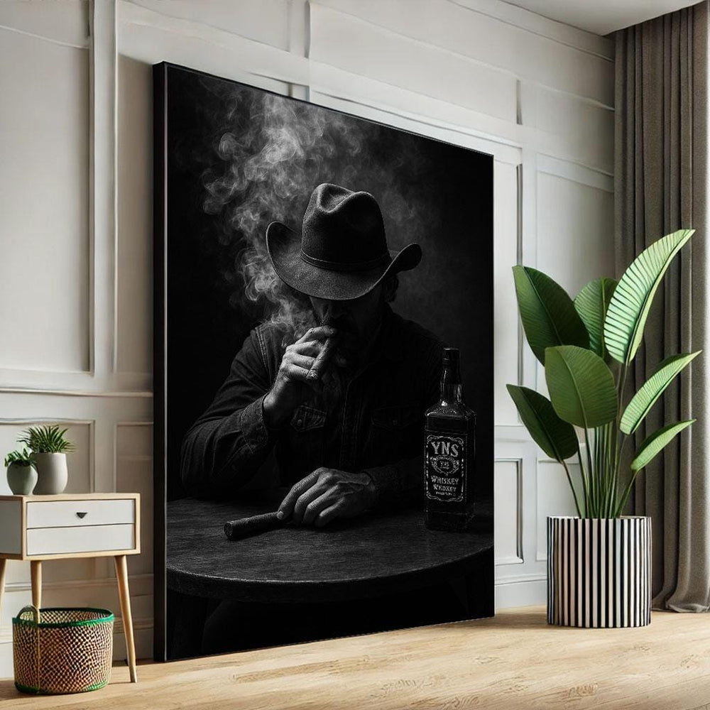 Mysterious Cowboy Smoking Canvas Wall Art Print  Black & White Living Room Decor  Statement Piece