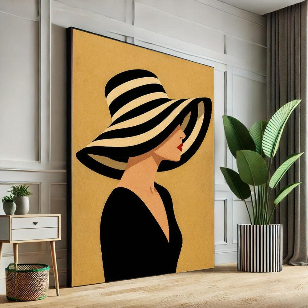 Striped Hat Woman Canvas Art Print, Modern Decor
