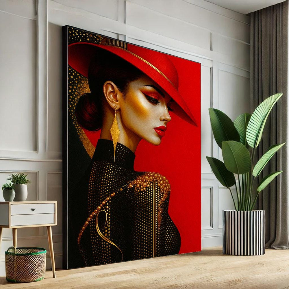 Glamorous Woman in Red Hat Canvas Wall Art, Modern Decor