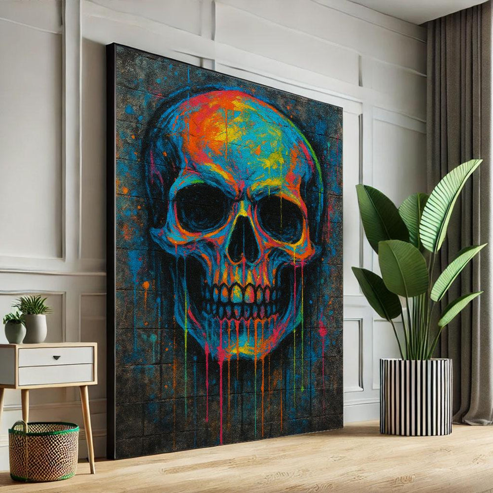 Vivid Skull Canvas Print, Colorful Street Art Style