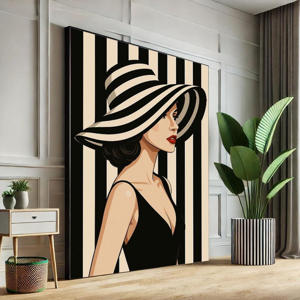 Elegant Woman in Striped Hat Canvas Print, Modern Living Room Decor