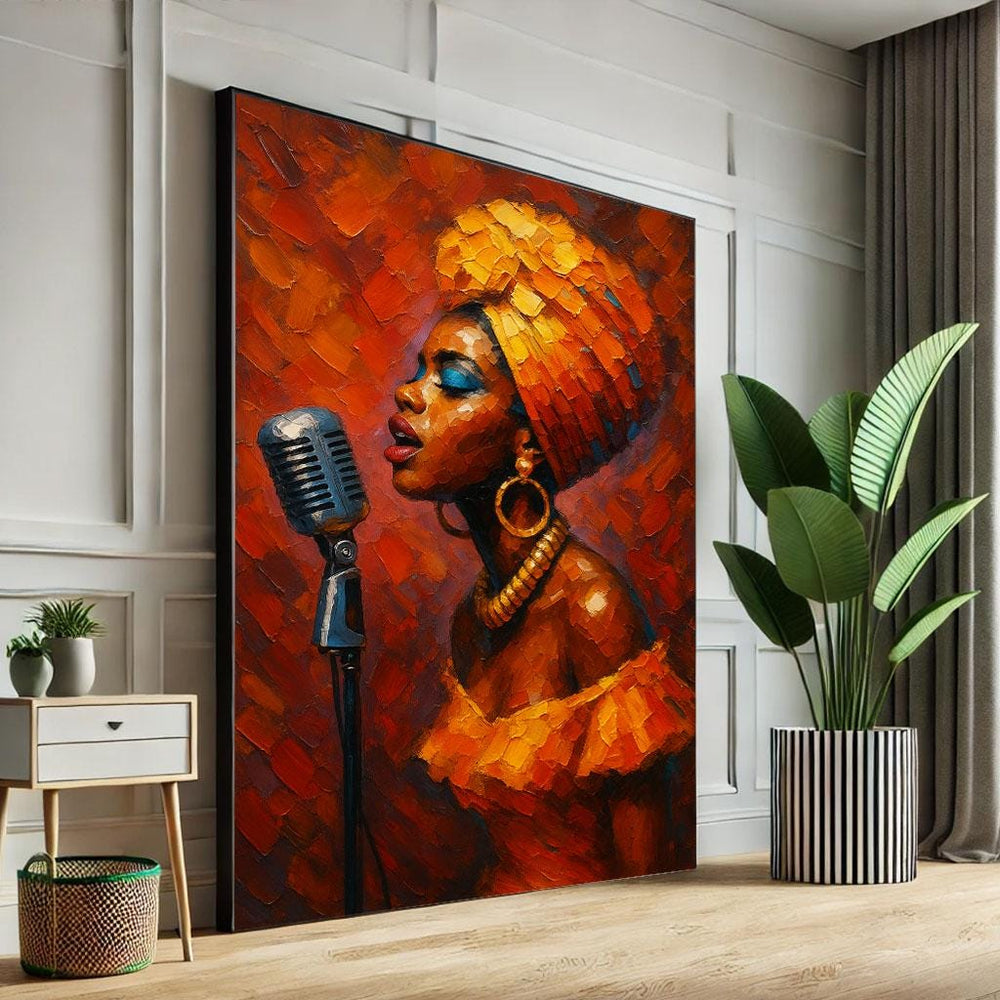 Powerful Jazz Singer Canvas Wall Art Print  Vibrant Orange Living Room Decor  Statement Piece