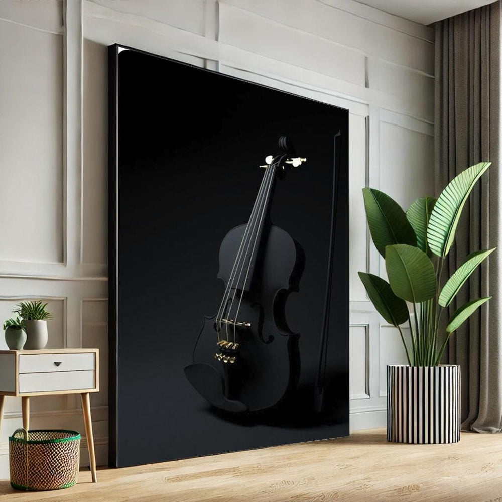 Black Violin Canvas Print, Minimalist Music Room Wall Art
