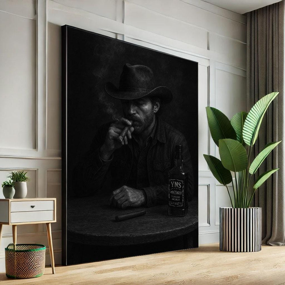 Rustic Cowboy Smoking Canvas Print, Monochrome Wall Art