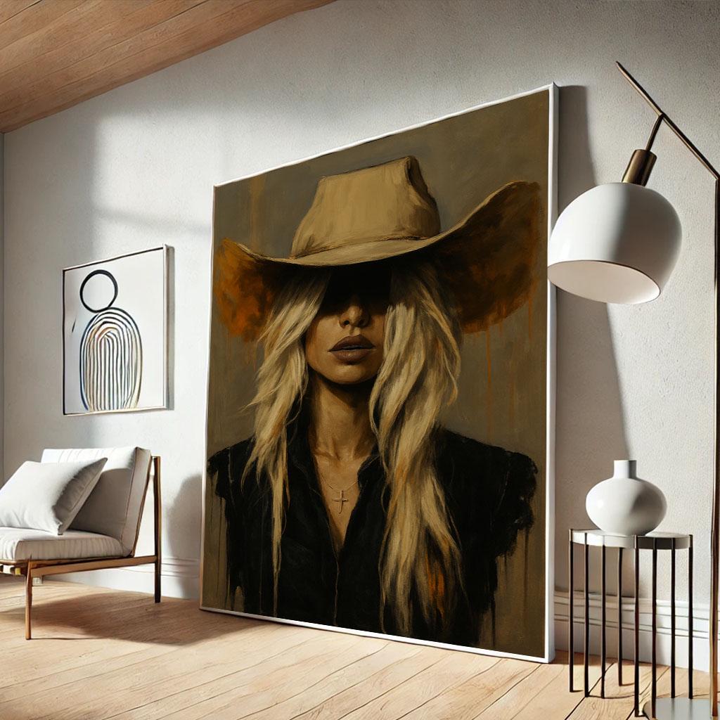 Image 3 of Calm Western Woman in Cowboy Hat Canvas Wall Art Print | Rustic Living Room Decor | Statement Piece