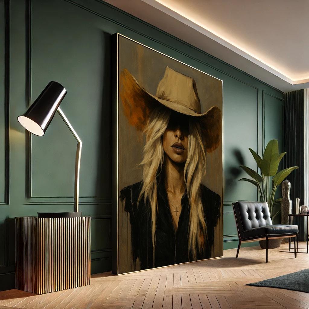 Image 6 of Calm Western Woman in Cowboy Hat Canvas Wall Art Print | Rustic Living Room Decor | Statement Piece
