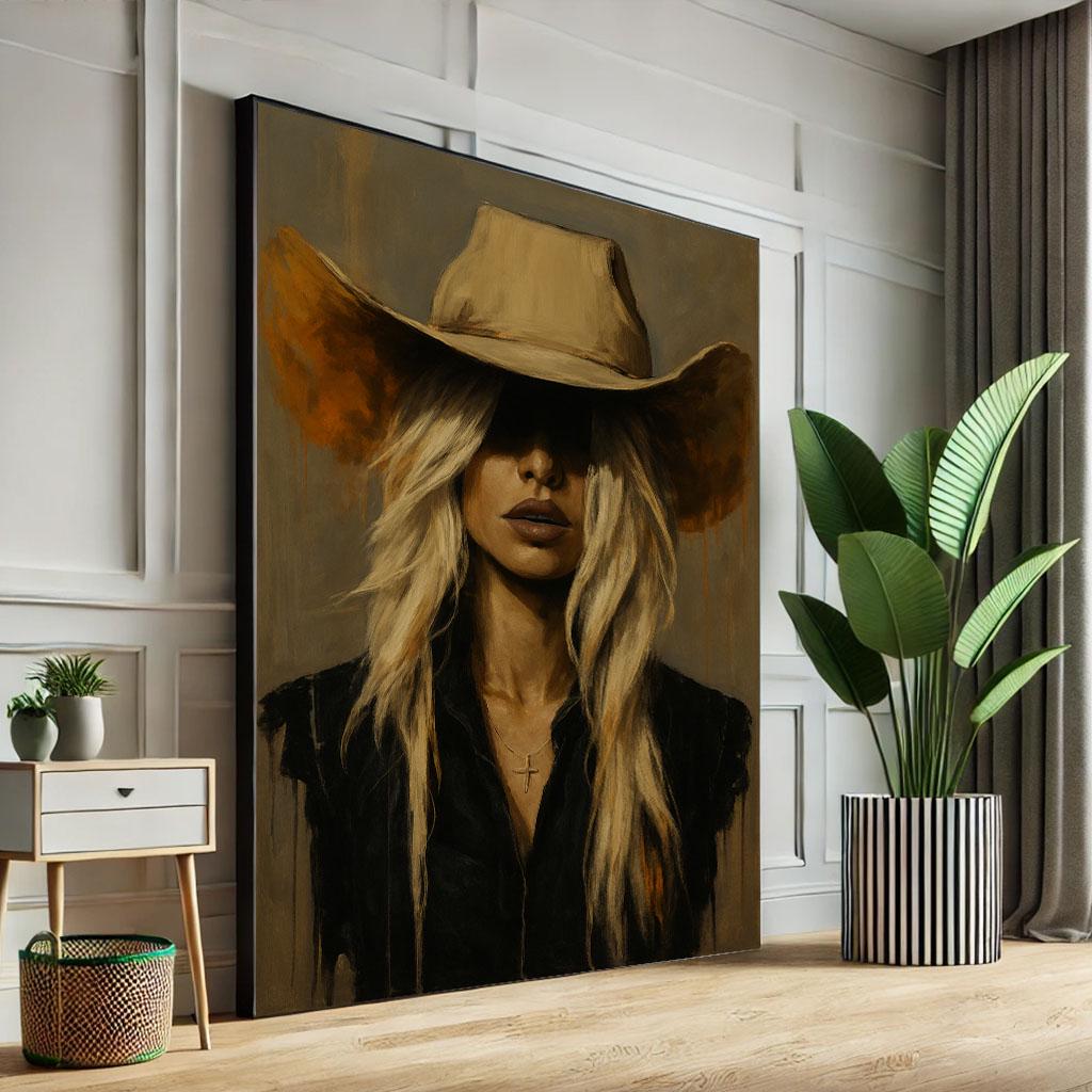 Image 1 of Calm Western Woman in Cowboy Hat Canvas Wall Art Print | Rustic Living Room Decor | Statement Piece