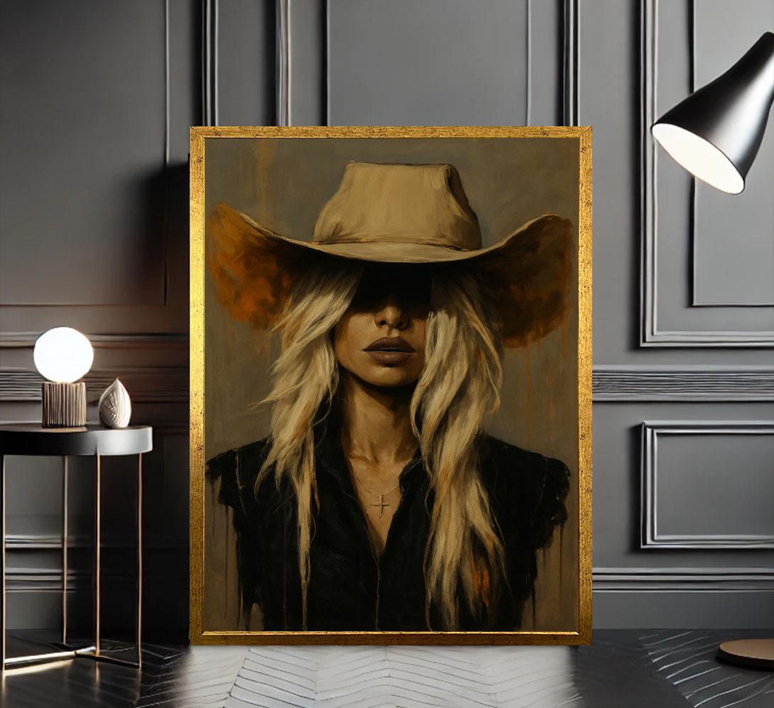Image 2 of Calm Western Woman in Cowboy Hat Canvas Wall Art Print | Rustic Living Room Decor | Statement Piece