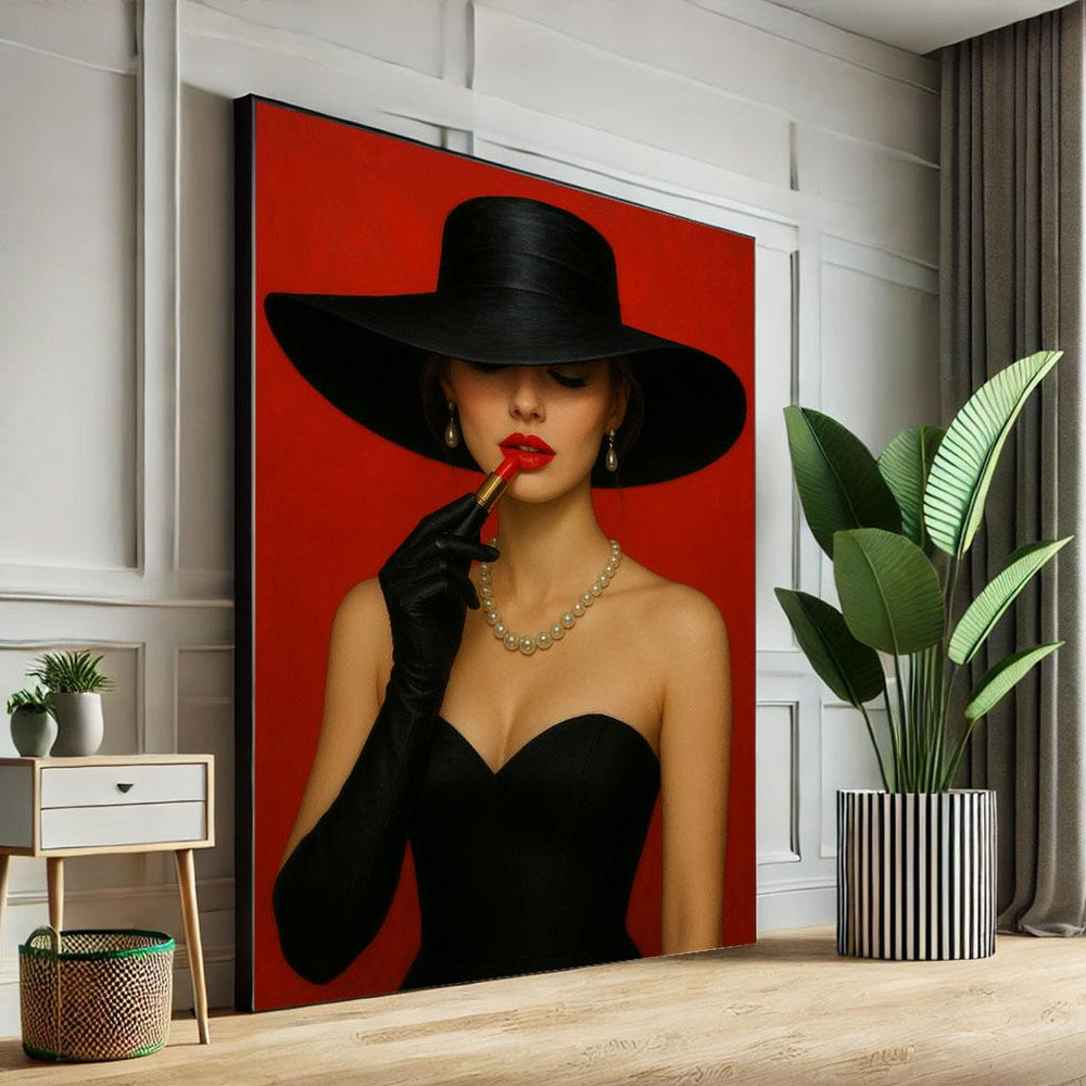 Woman in Black Hat Canvas Art | Elegant Red Room Decor