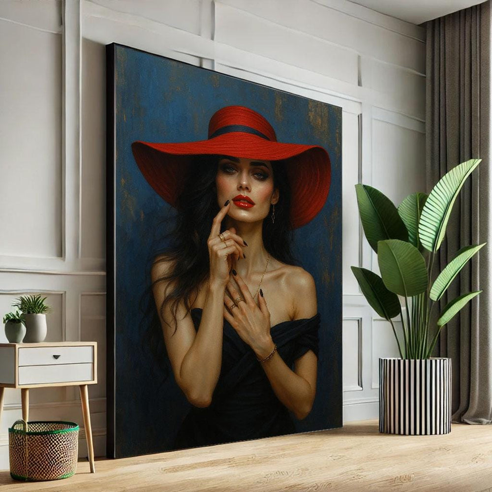 Woman in Red Hat Canvas Print - Modern Living Room Wall Art