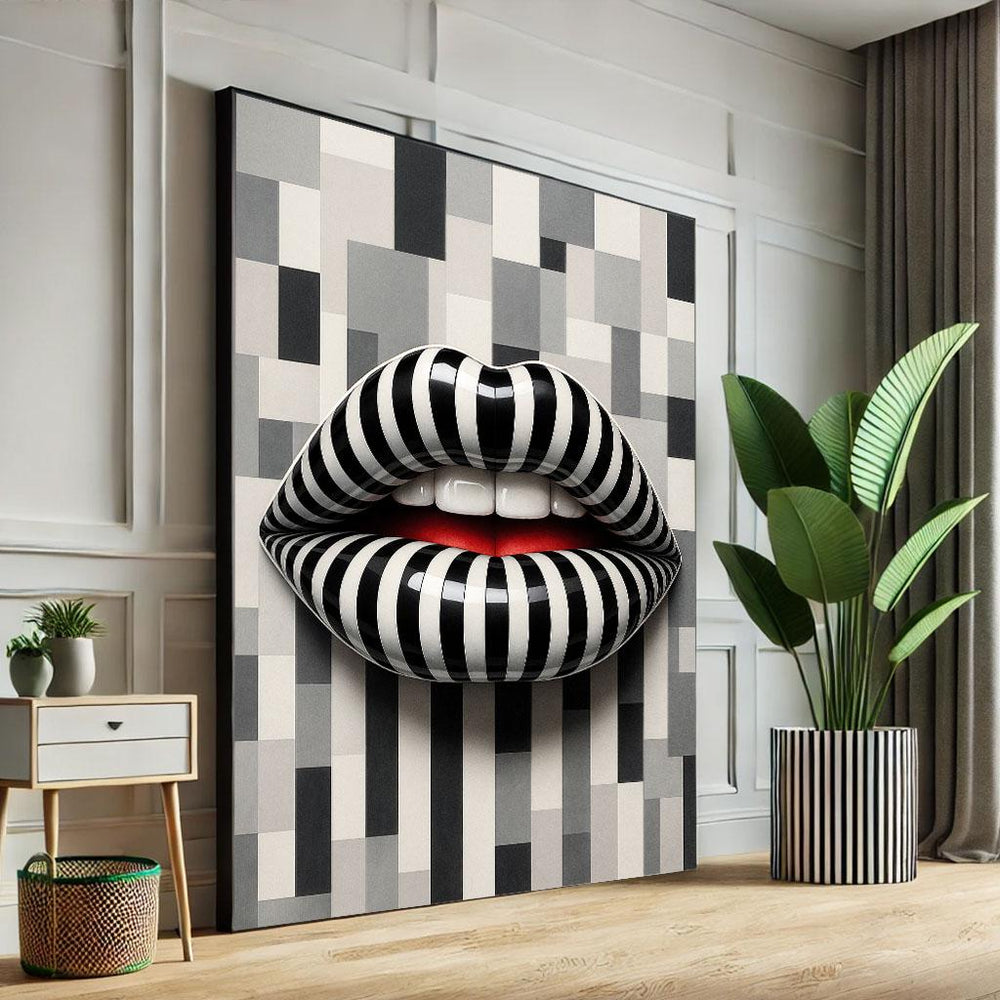 Monochrome Lips Pop Art Canvas Print, Bold Modern Wall Decor