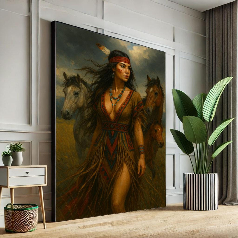 Native American Woman & Horses Canvas Art Print, Cultural Decor