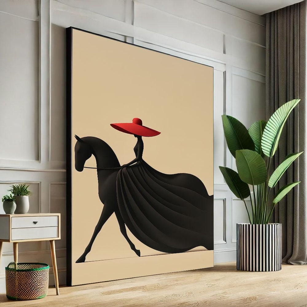 Equestrian Lady in Black Dress Canvas Wall Art, Minimalist Print