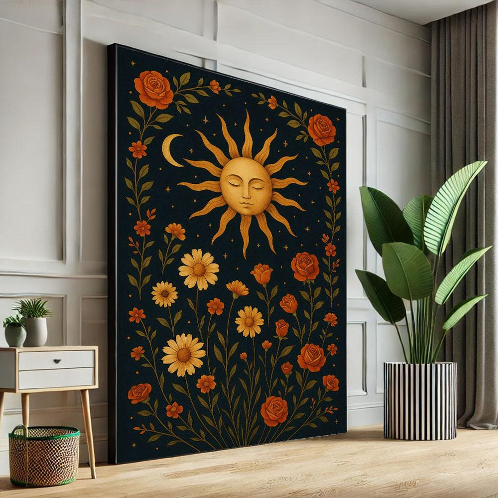 Sun and Moon Floral Canvas Print, Boho Bedroom Wall Decor