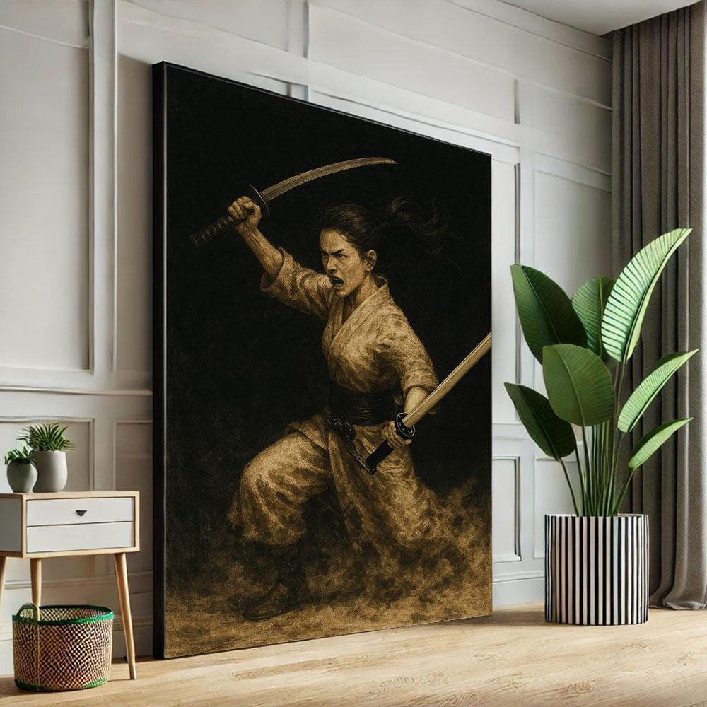 Fierce Samurai Warrior Canvas Wall Art Print  Sepia-Toned Living Room Decor  Statement Piece
