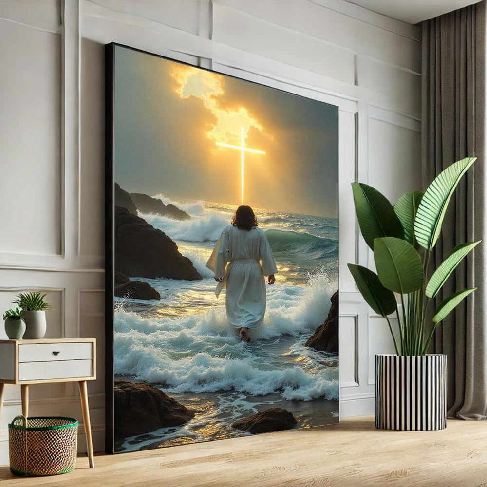 Radiant Jesus Walking on Water Canvas Print, Inspirational Decor