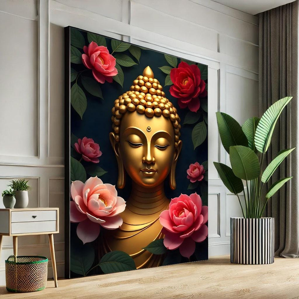 Buddha with Roses Canvas Print, Modern Spiritual Art
