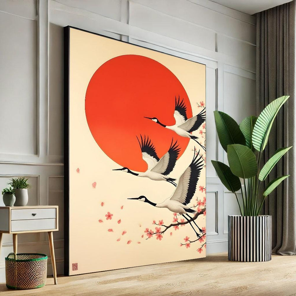 Japanese Crane Canvas Print: Minimalist Red Sun Oriental Decor