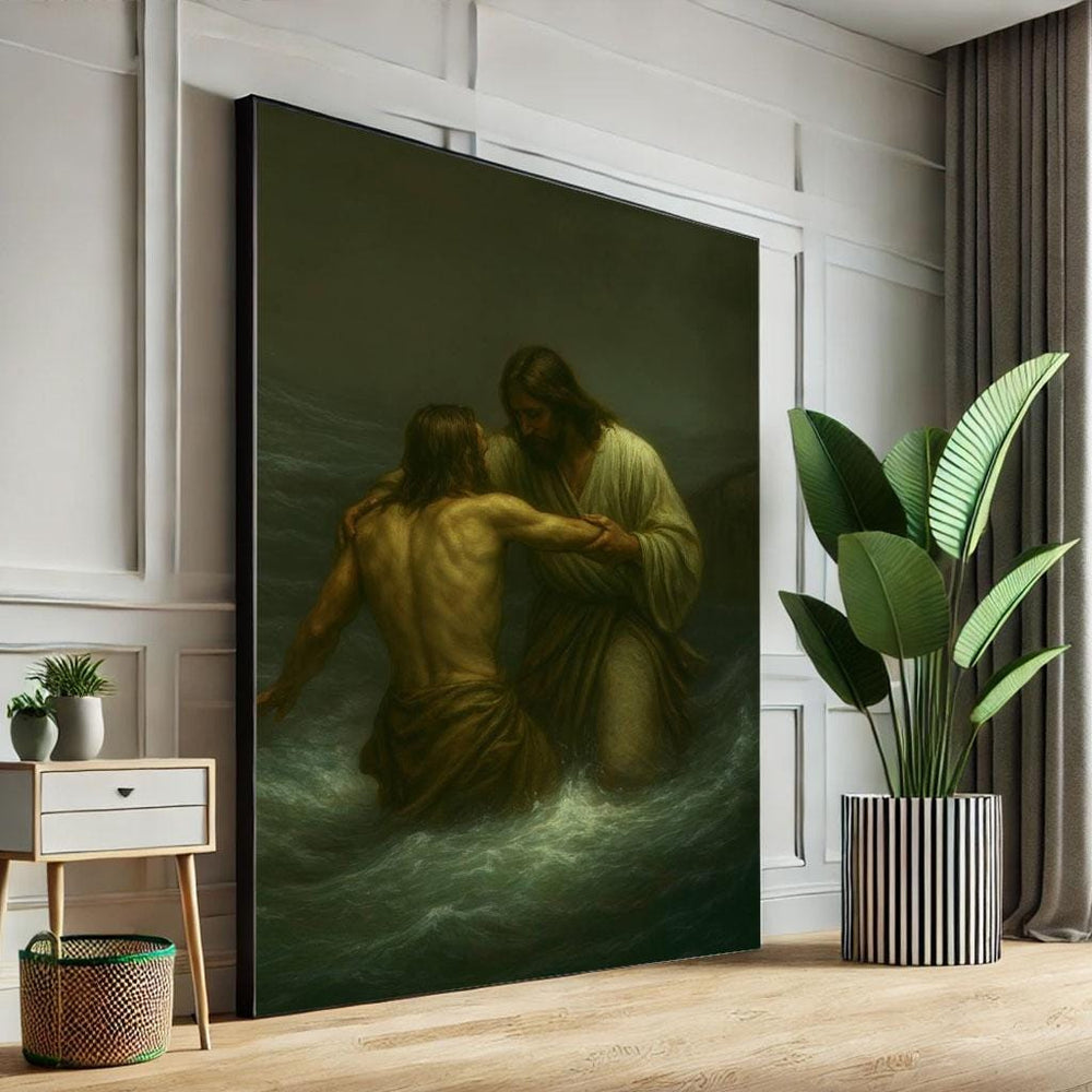 Radiant Jesus Baptism Canvas Wall Art Print  Spiritual Living Room Decor  Statement Piece