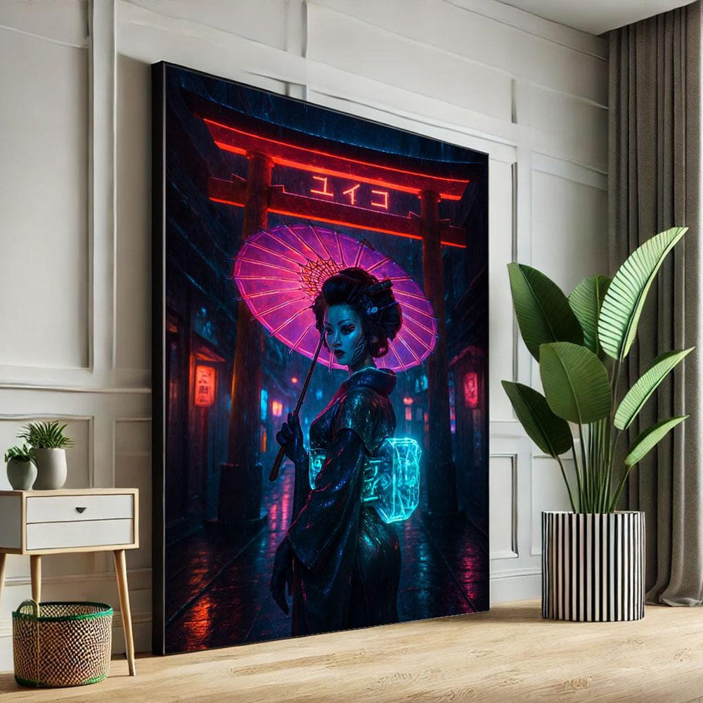 Neon Geisha Canvas Print, Modern Japanese Wall Art