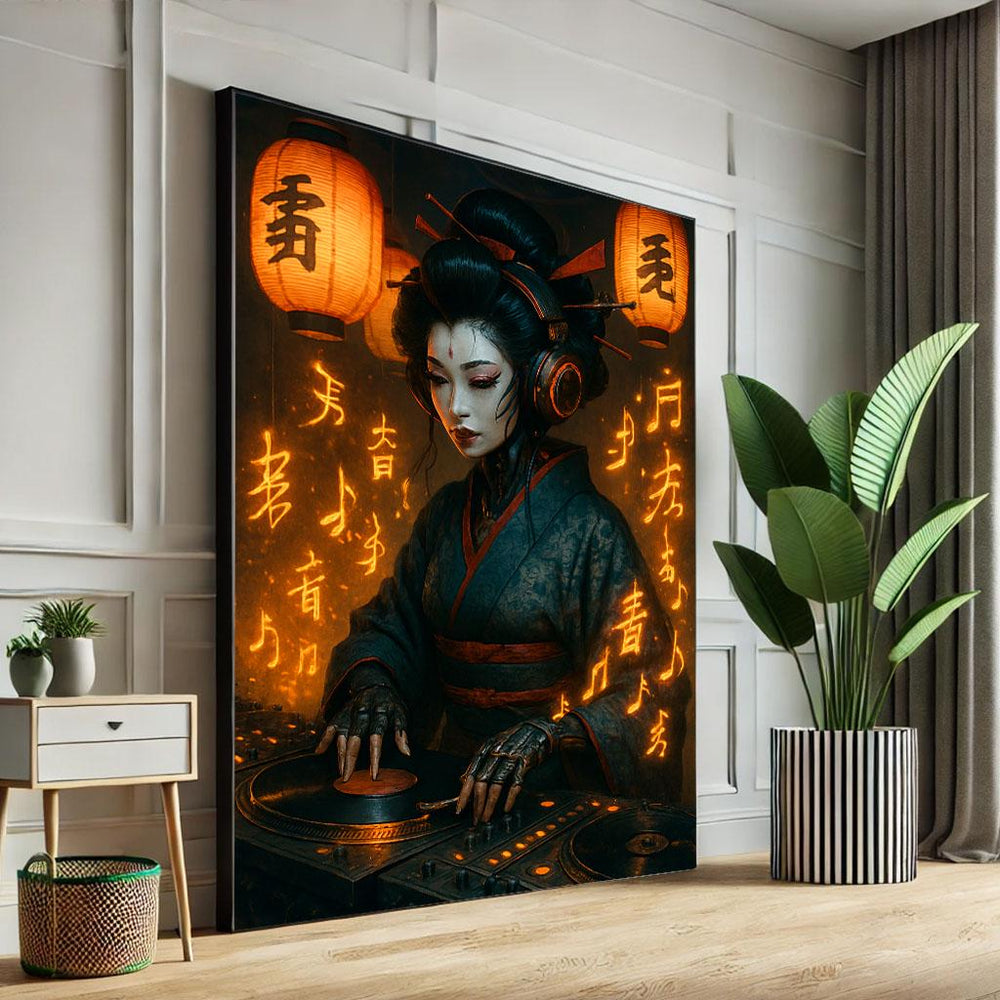 Japanese Geisha DJ Canvas Wall Art Print  Modern Cultural Living Room Decor  Statement Piece