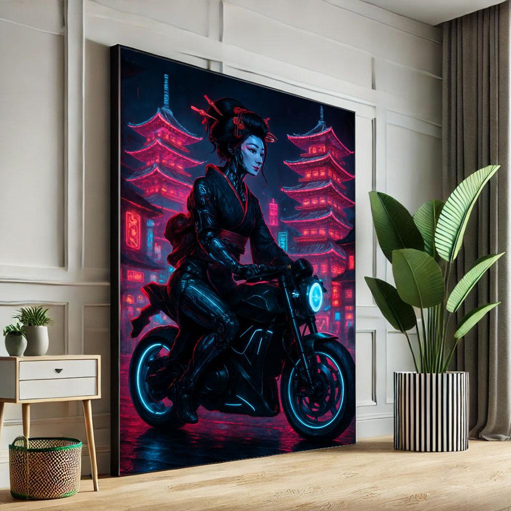 Punk Geisha Motorcycle Canvas Art Print: Neon Modern Decor
