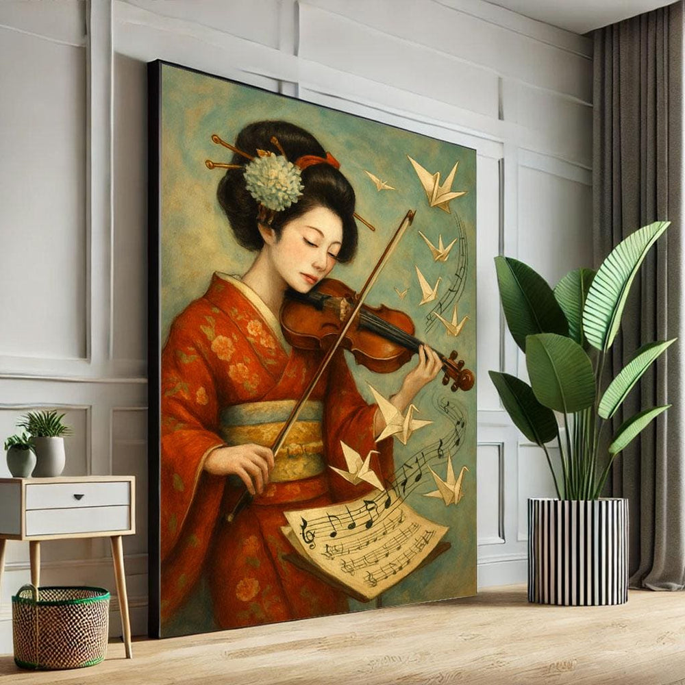 Graceful Japanese Geisha Violinist Canvas Wall Art Print  Elegant Living Room Decor  Statement Piece