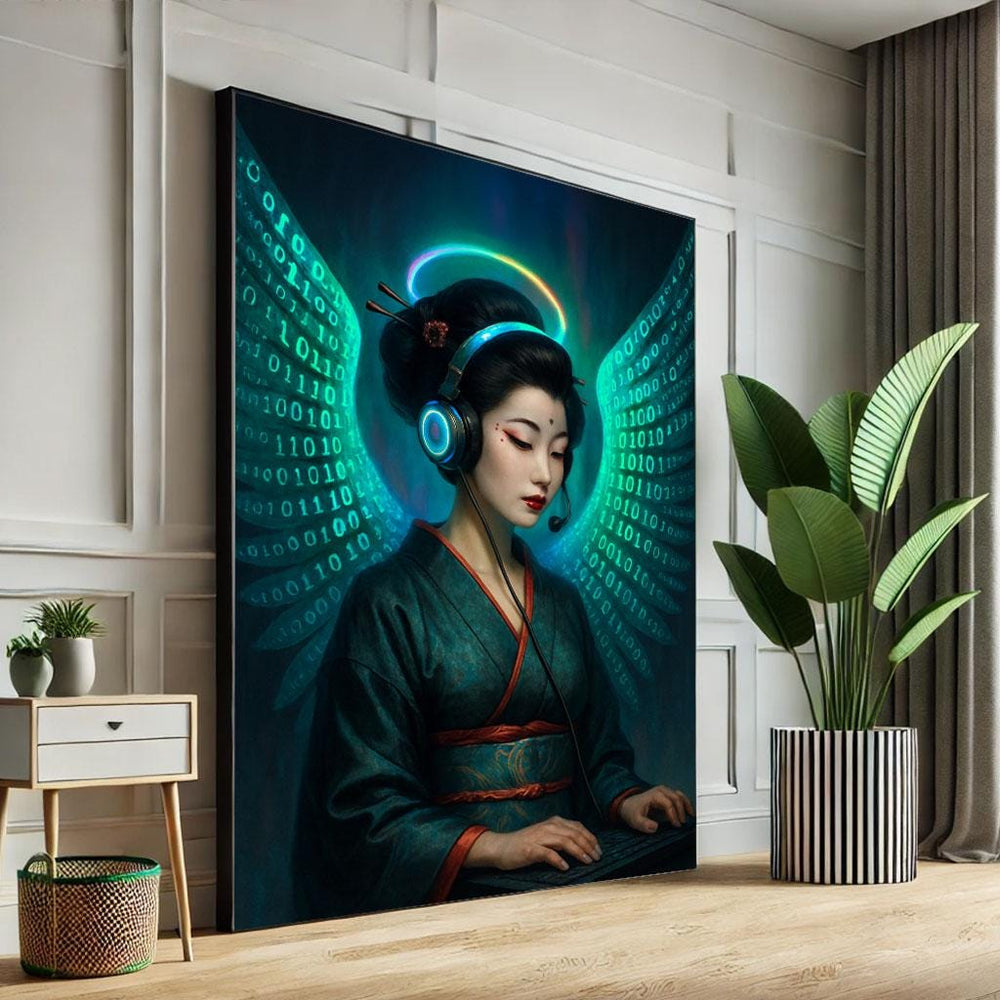 Cyberpunk Geisha Canvas Print: Neon Japanese Art, Bedroom Decor
