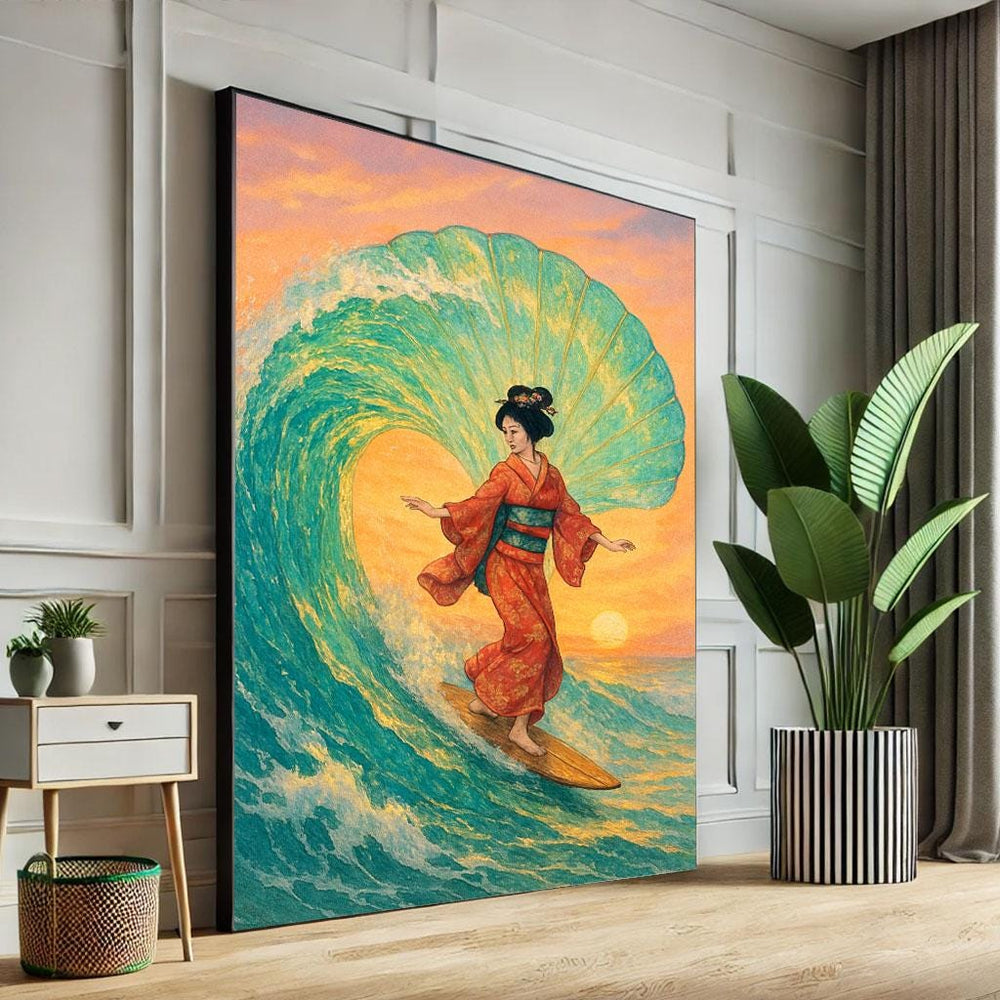 Japanese Geisha Surfer Canvas Print, Vibrant Ocean Wave Art