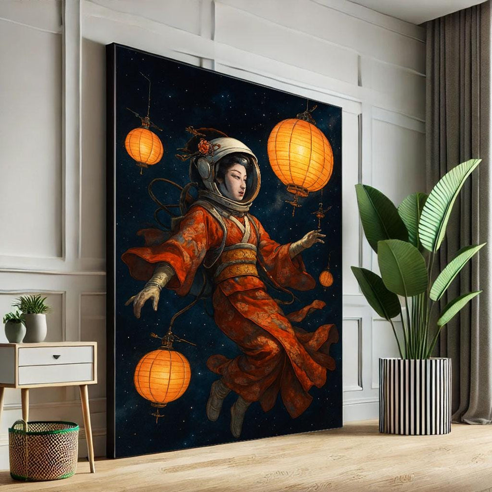Astronaut Geisha Floating Canvas Wall Art Print  Modern Asian-Inspired Living Room Decor  Statement Piece