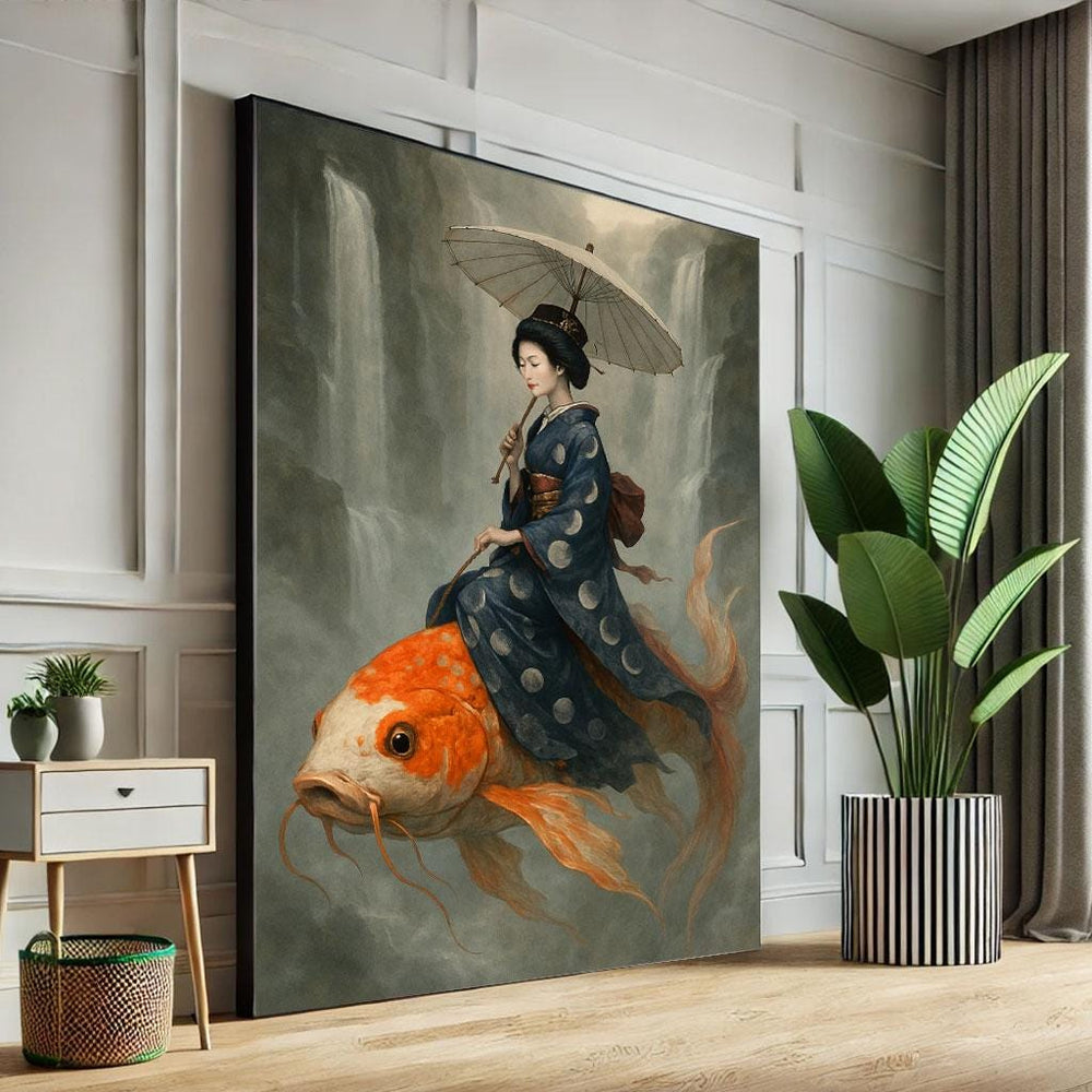 Japanese Geisha Riding Koi Canvas Print - Surreal Living Room Wall Art