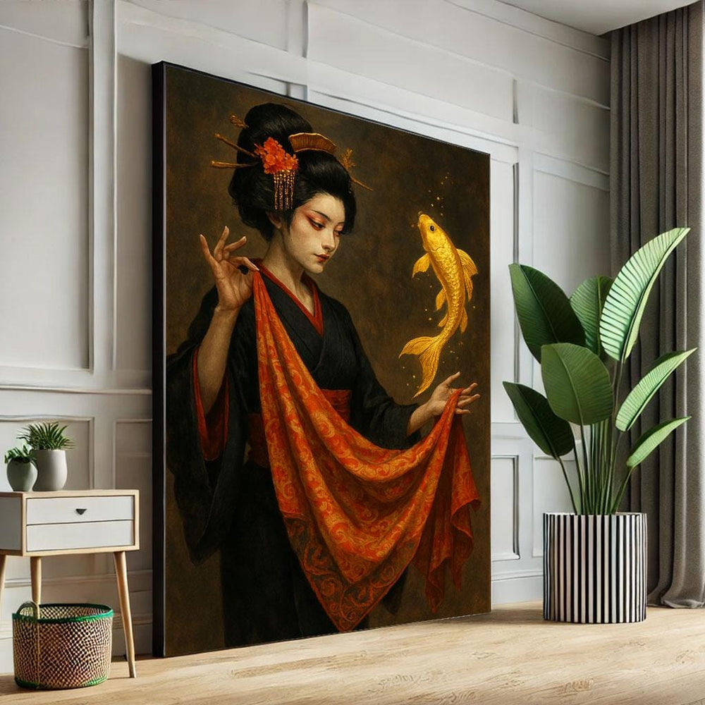 Elegant Geisha with Koi Canvas Wall Art Print  Japanese-Inspired Living Room Decor  Statement Piece