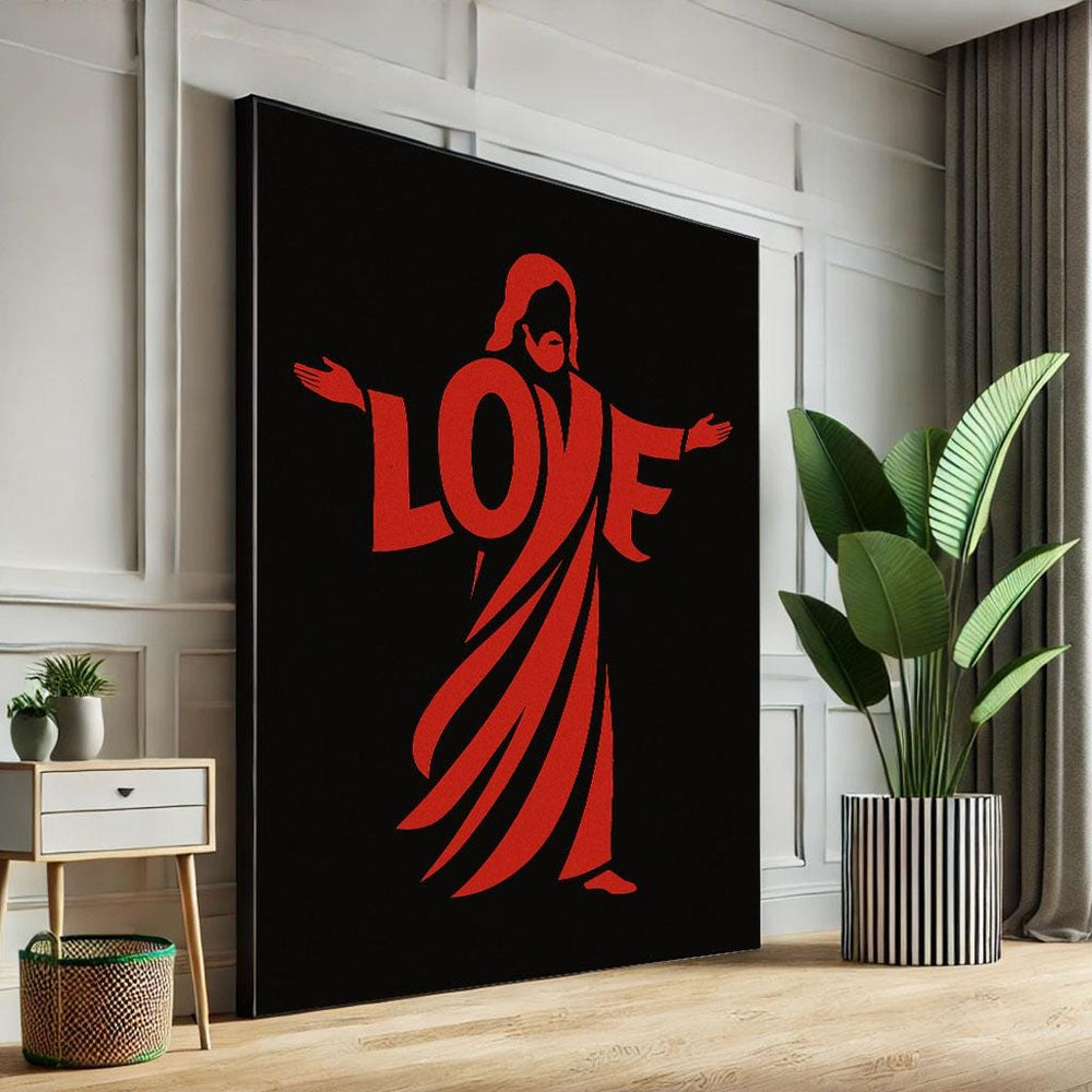 Radiant Jesus Love Canvas Wall Art Print  Bold Red Living Room Decor  Statement Piece